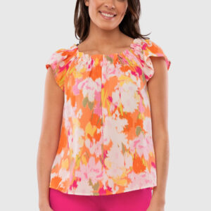 Orange Water Color Flutter Sleeve Top