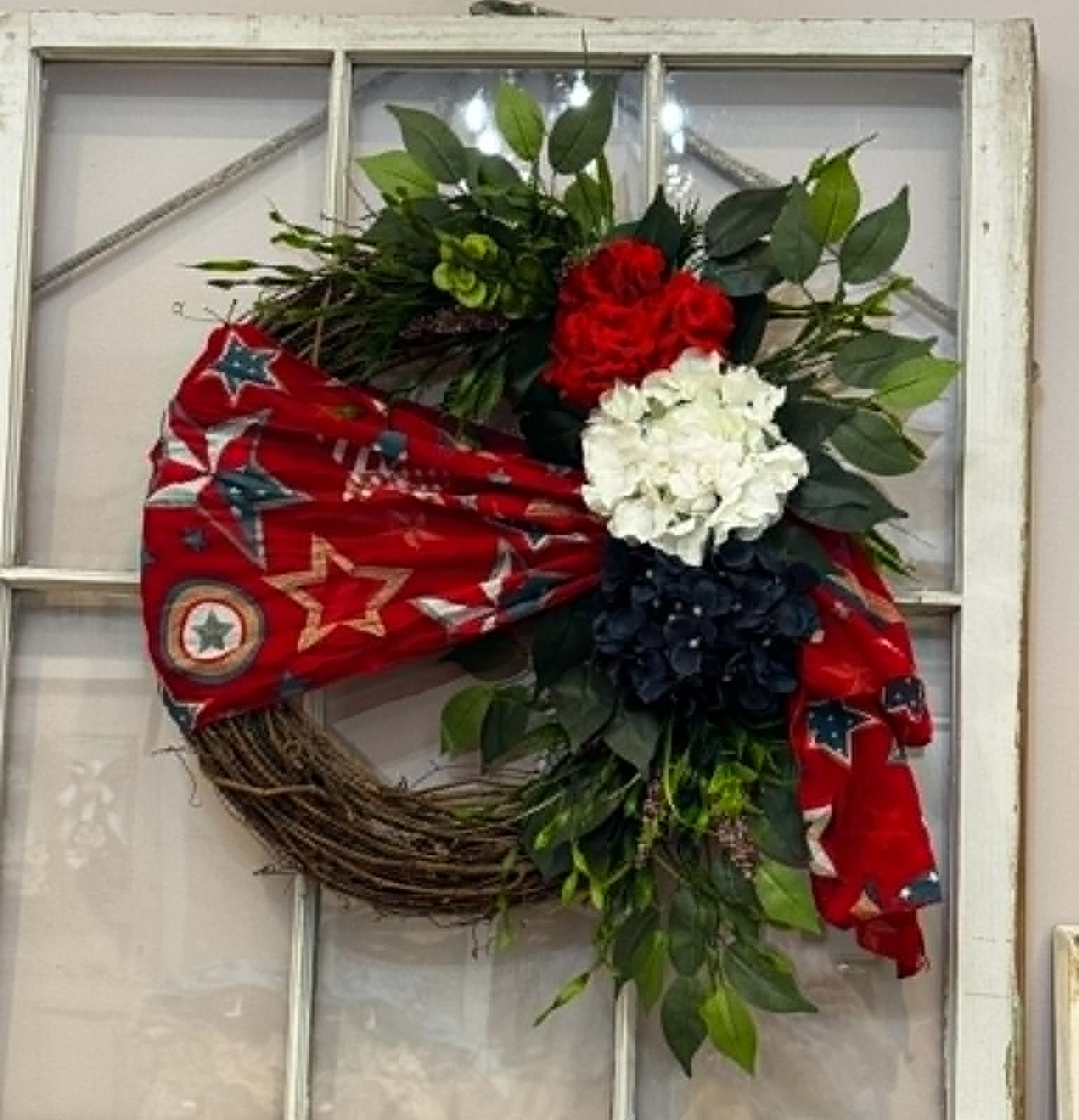 Red/ White/ Blue Grape Vine Wreath Red Scarf