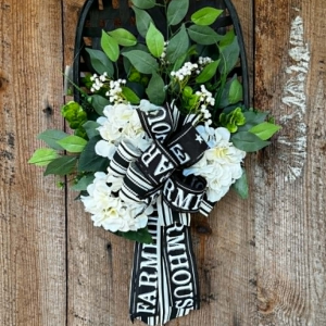 White and Green Floral with Farmhouse bow on Oval Tobacco basket