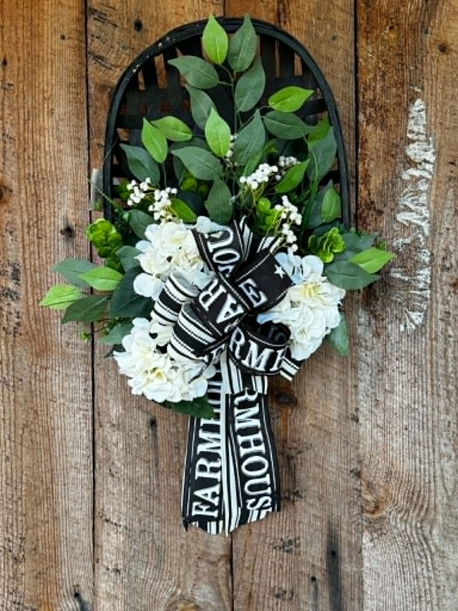 White and Green Floral with Farmhouse bow on Oval Tobacco basket