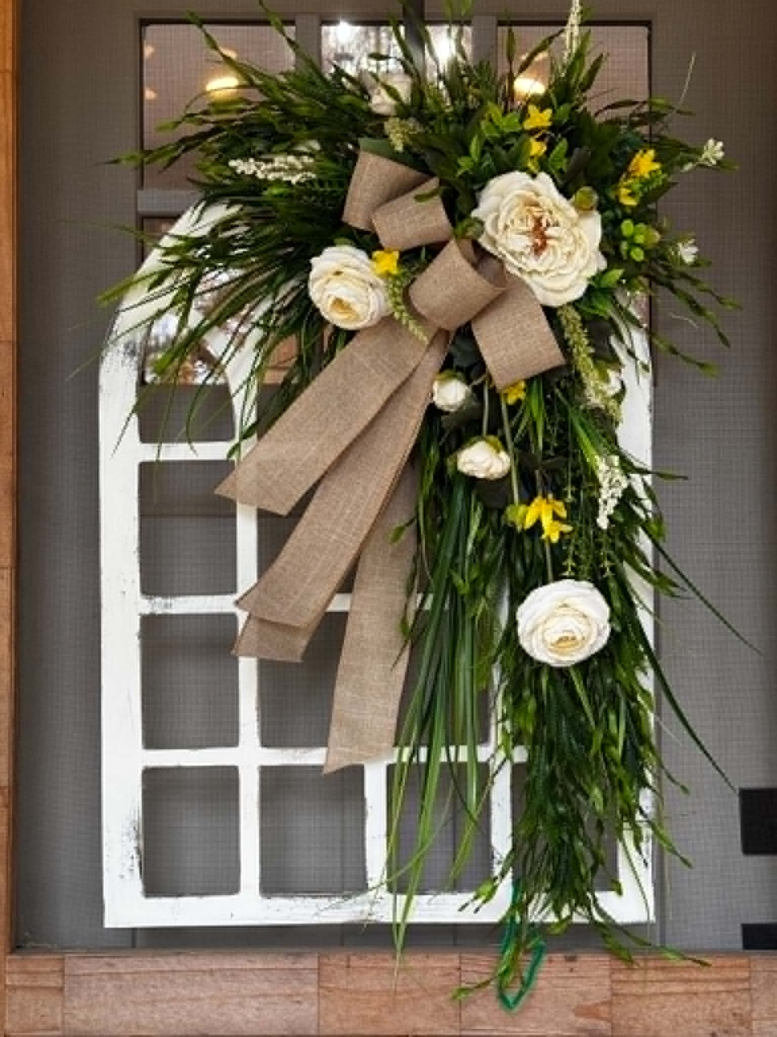 White and Green floral on Wood window frame